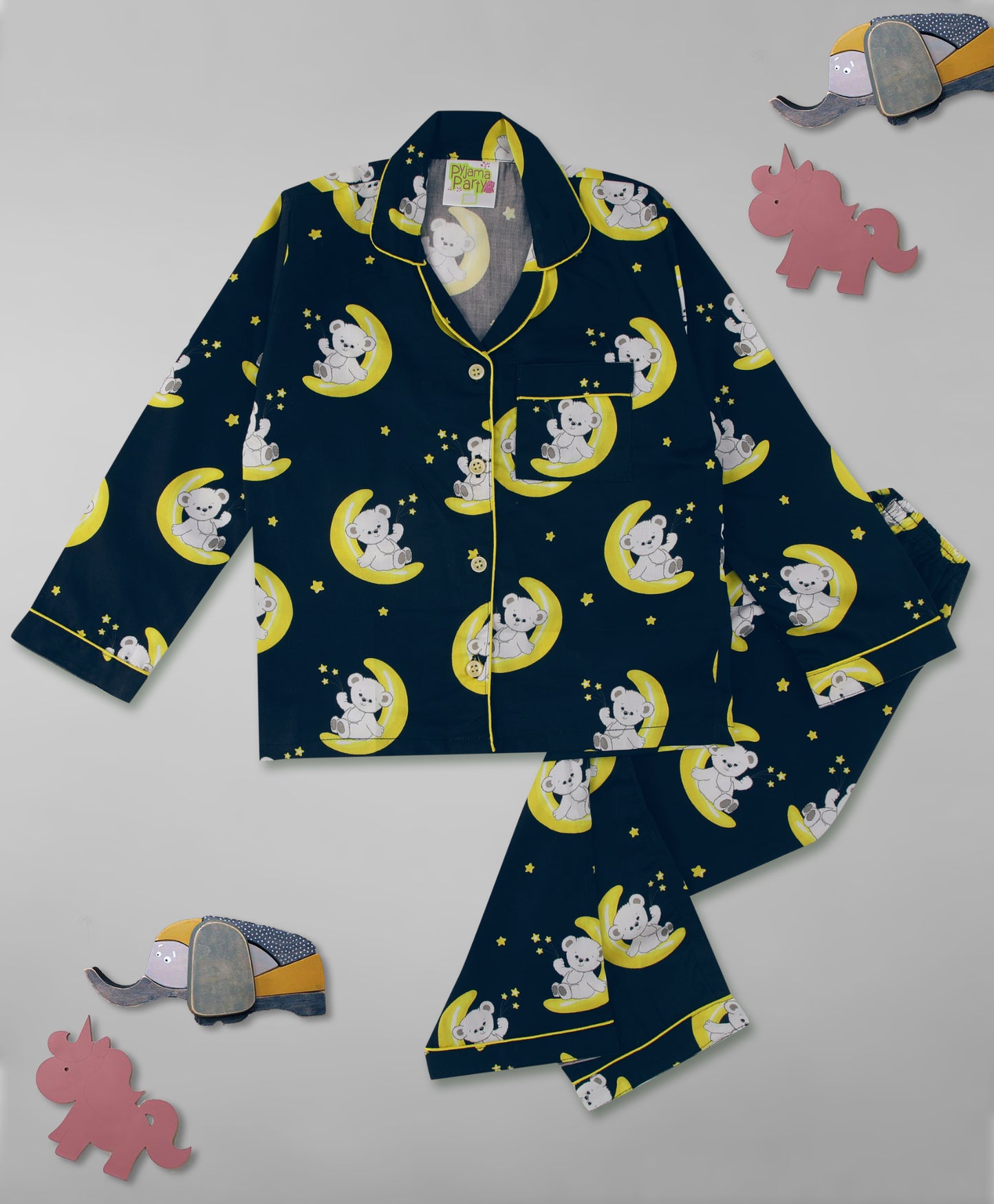 Sleeping Teddy Kids Button Down Pj Set - Pure Cotton Pj Set with Notched Collar