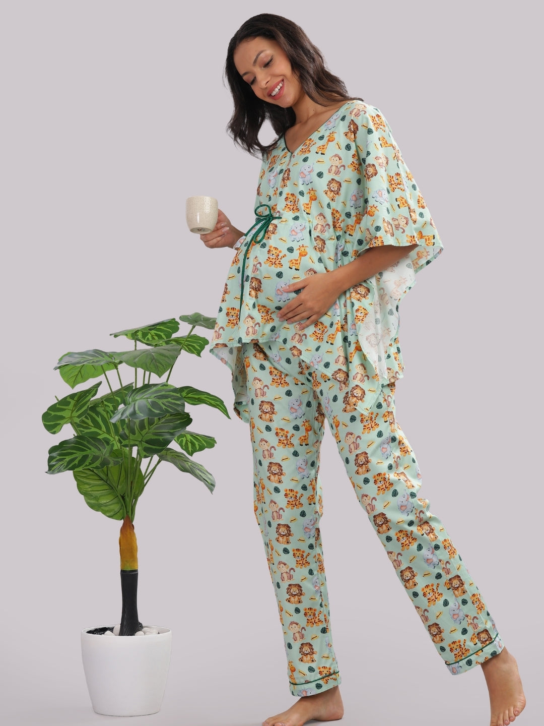 Into The Jungle Maternity Kaftan Pj Set - Pure Cotton Pj Set in Kaftan Style with Single Invisible Zip for Feeding