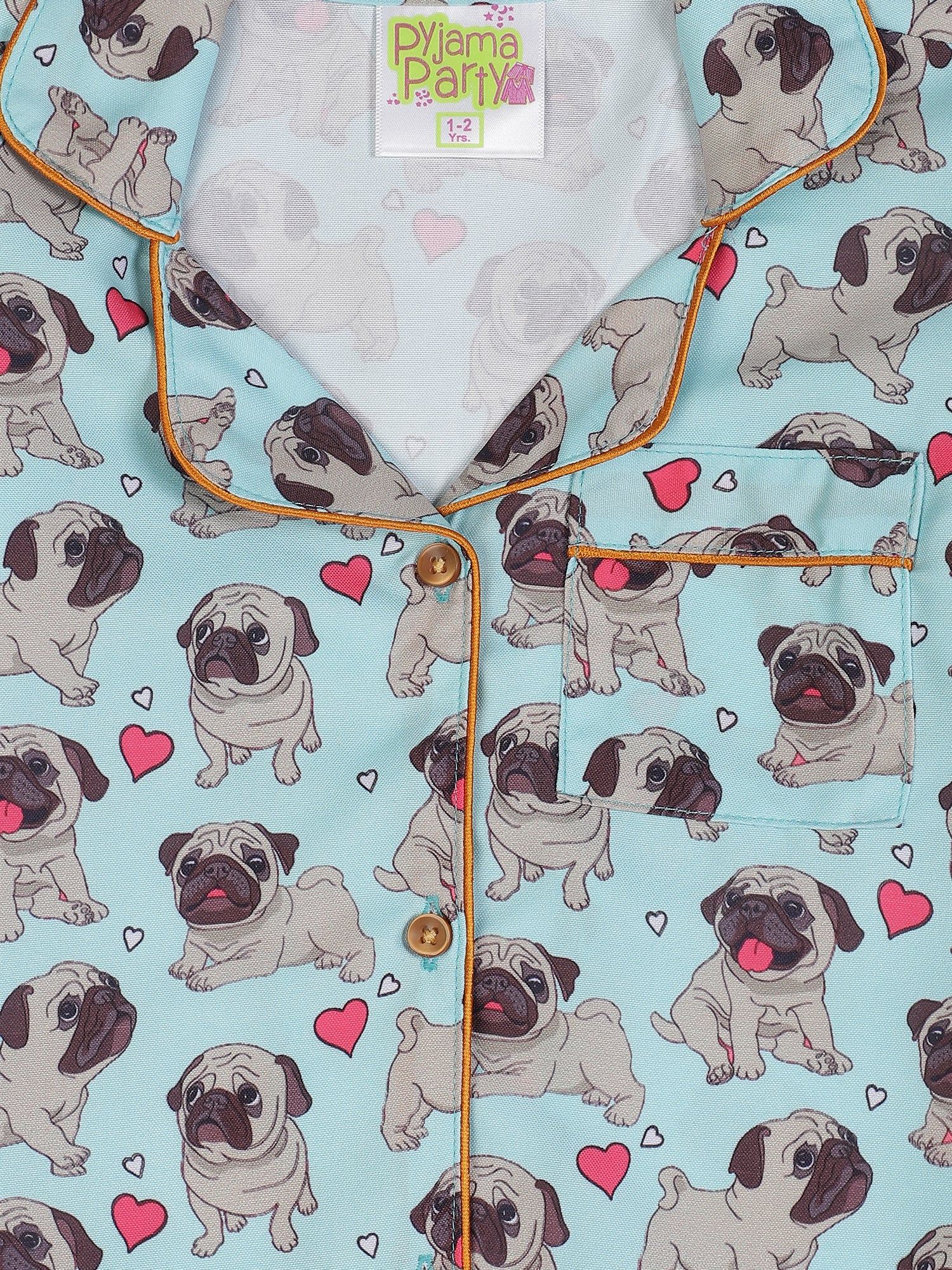 Snuggle Pug Kids Pj Set - Cotton Rayon Pj Set with Notched Collar