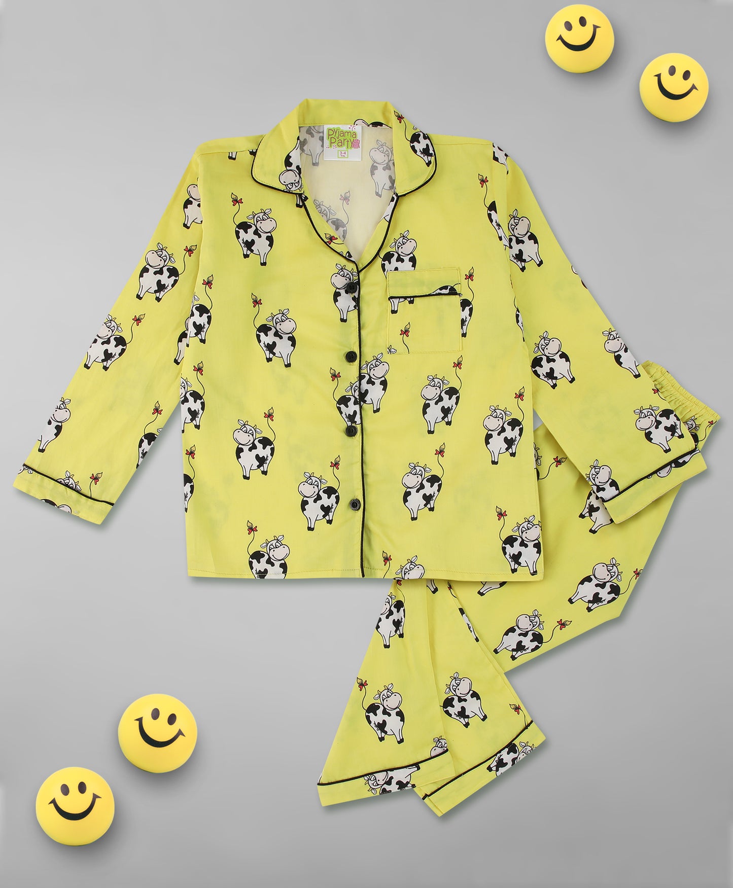 Cute Cows Kids Button Down Pj Set - Pure Cotton Pj Set with Notched Collar