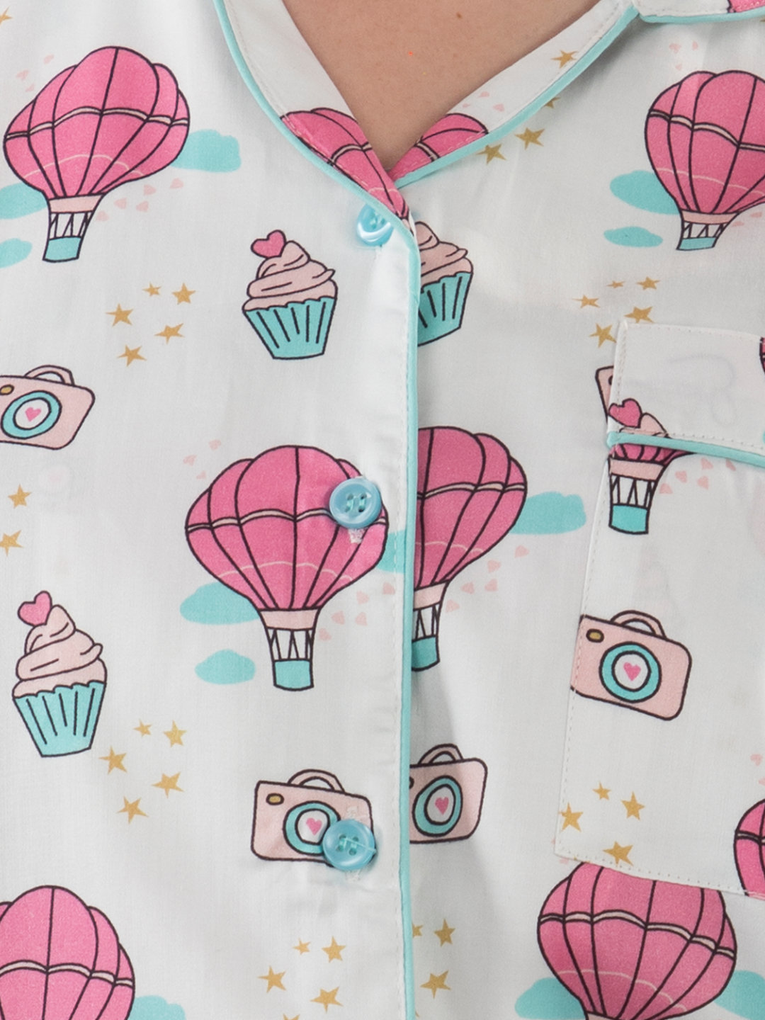 Parachutes & Camera Button Down Pj Set - Pure Cotton Pj Set with Notched Collar