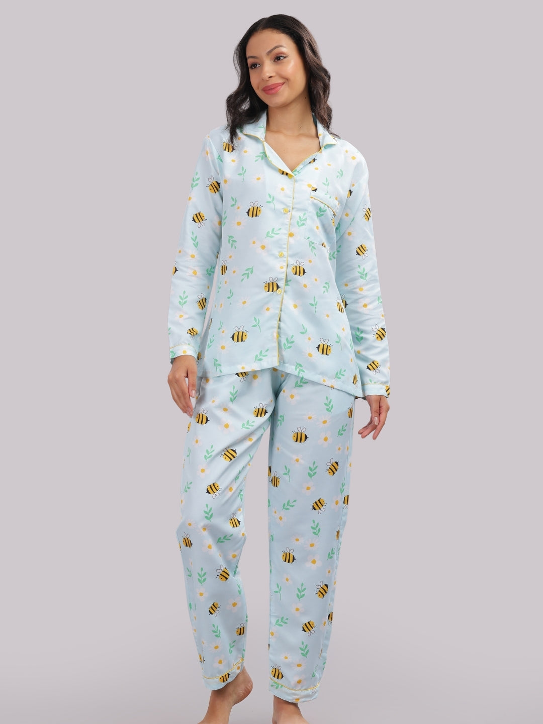 Busy Bee Button Down Pj Set - Cotton Rayon Pj Set with Notched Collar