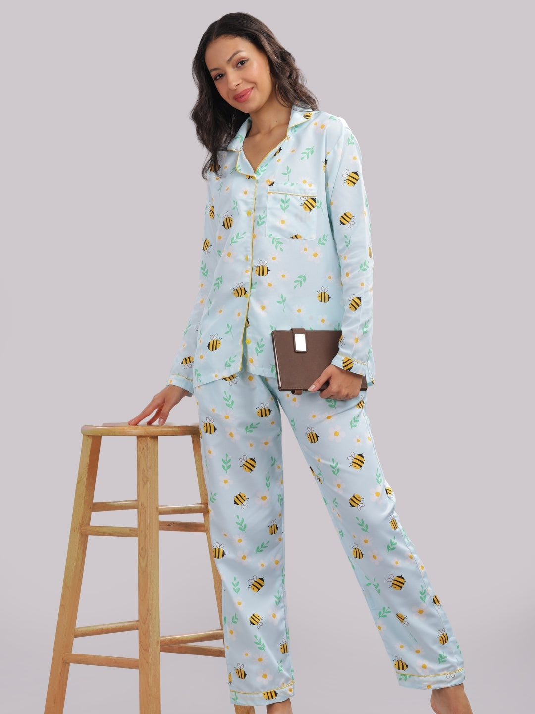 Busy Bee Button Down Pj Set - Cotton Rayon Pj Set with Notched Collar