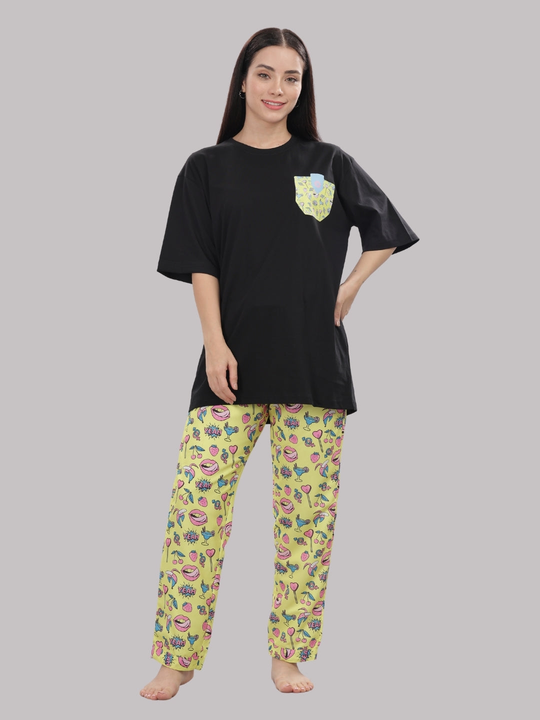 Yellow Pop T-shirt Pj Set - Oversized Tshirt with Pj Combo
