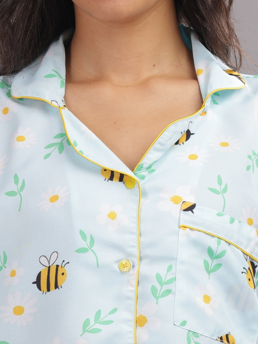 Busy Bee Button Down Pj Set - Cotton Rayon Pj Set with Notched Collar