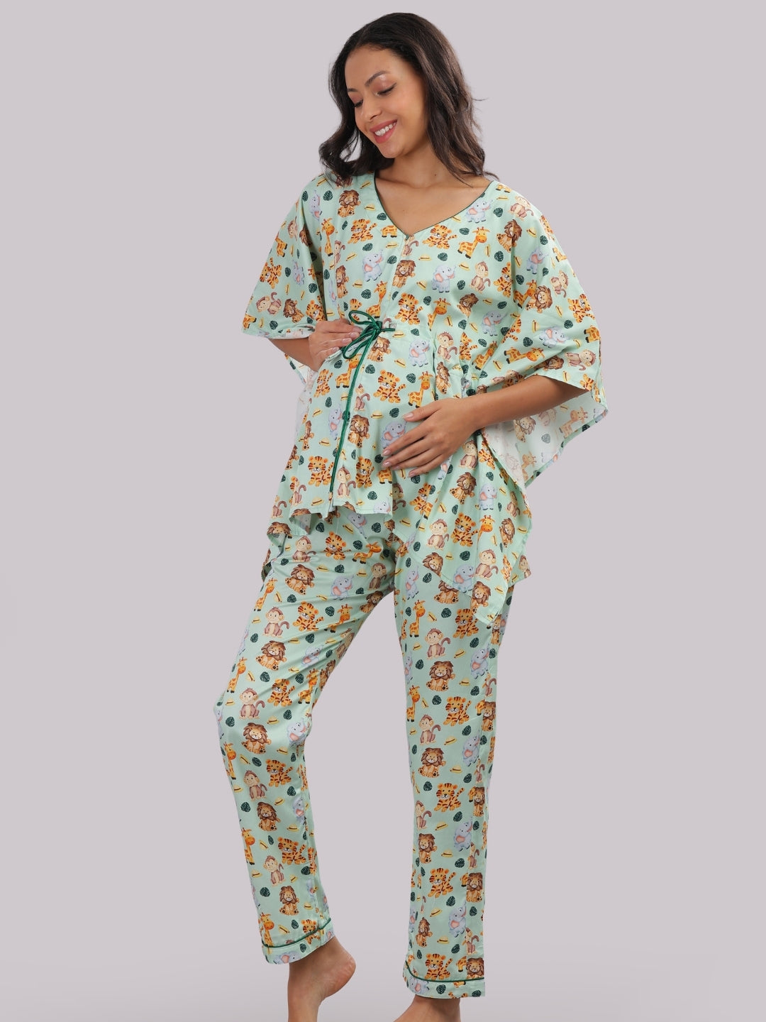 Into The Jungle Maternity Kaftan Pj Set - Pure Cotton Pj Set in Kaftan Style with Single Invisible Zip for Feeding