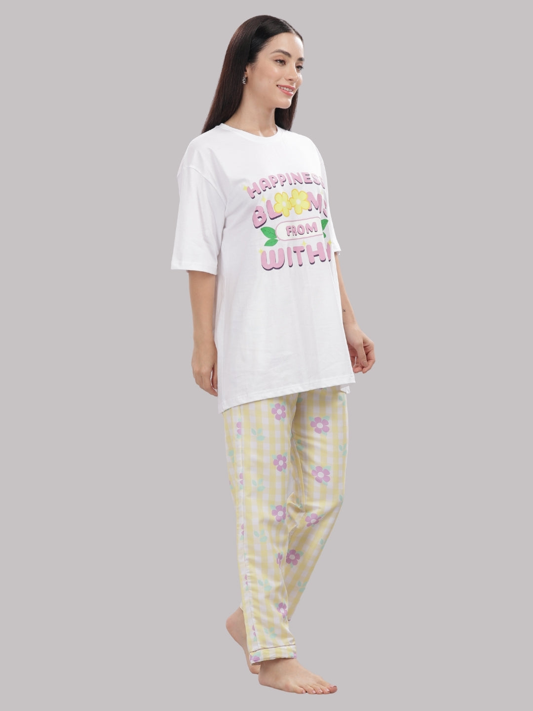Blooming Checks T-shirt Pj Set - Oversized Tshirt with Pj Combo