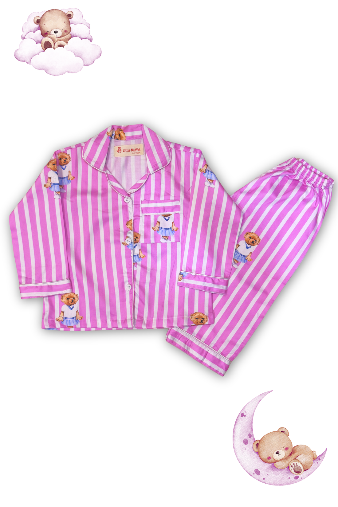 Polo Pink Kids Button Down Pj Set - Pure Cotton Pj Set with Notched Collar