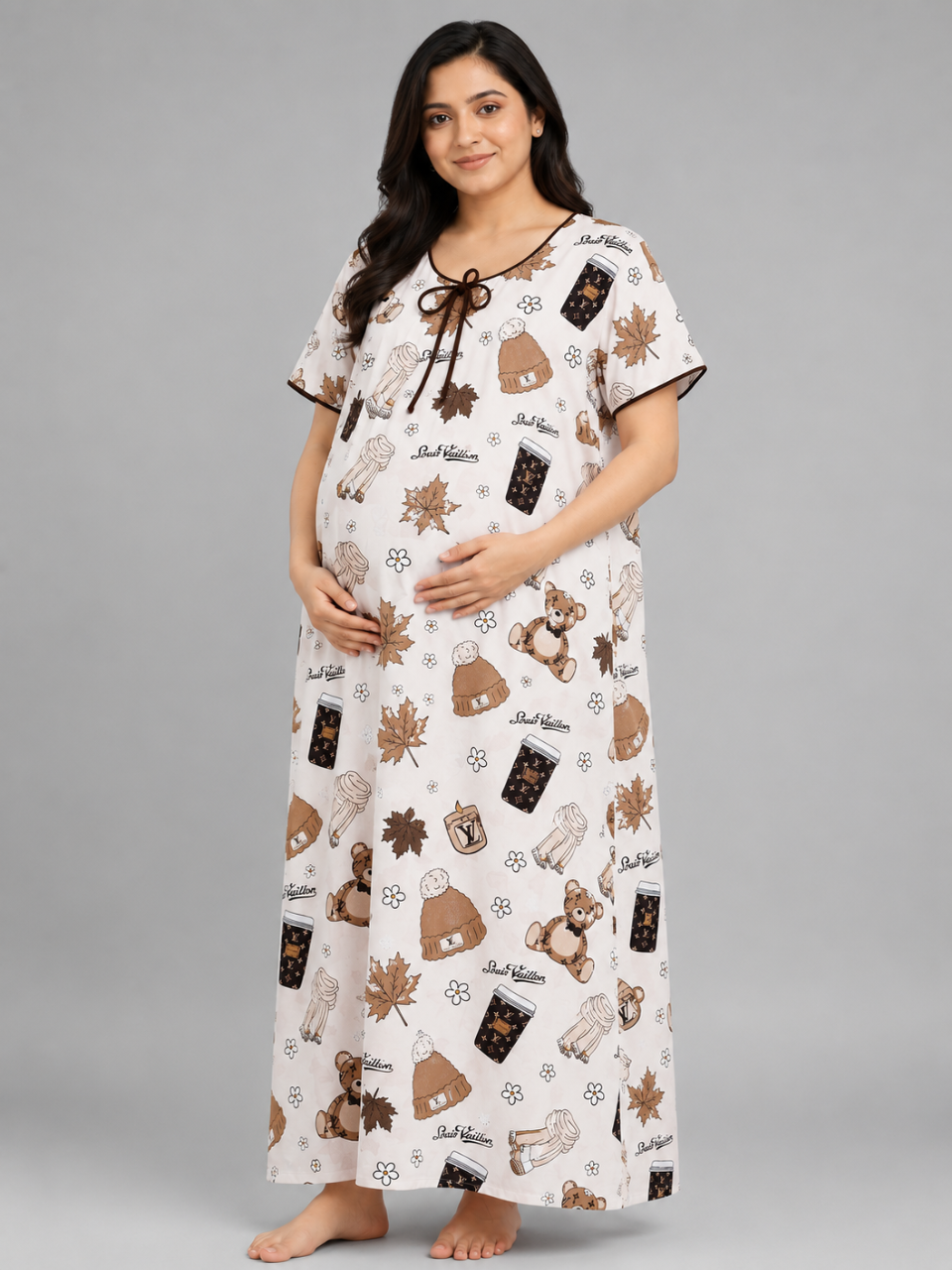 Cozy Autumn Maternity Gown - Pure Cotton Round Neck Gown with 2 Invisible Zips for Feeding