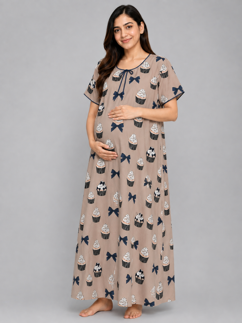 Cup Cake Maternity Gown - Pure Cotton Round Neck Gown with 2 Invisible Zips for Feeding