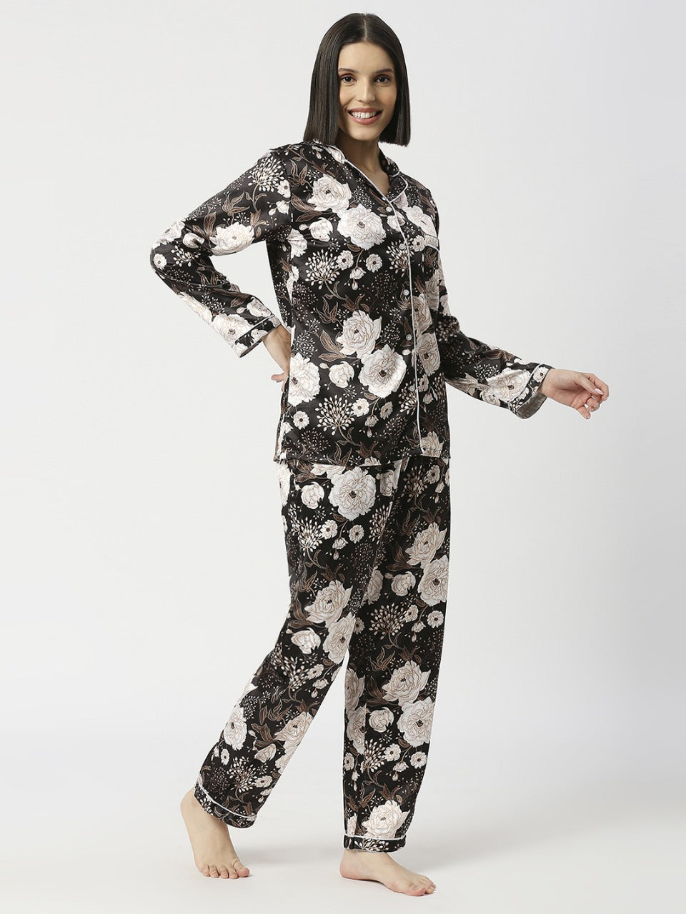 White Rose Satin Pj Set - Luxury Printed Button Down Pj Set