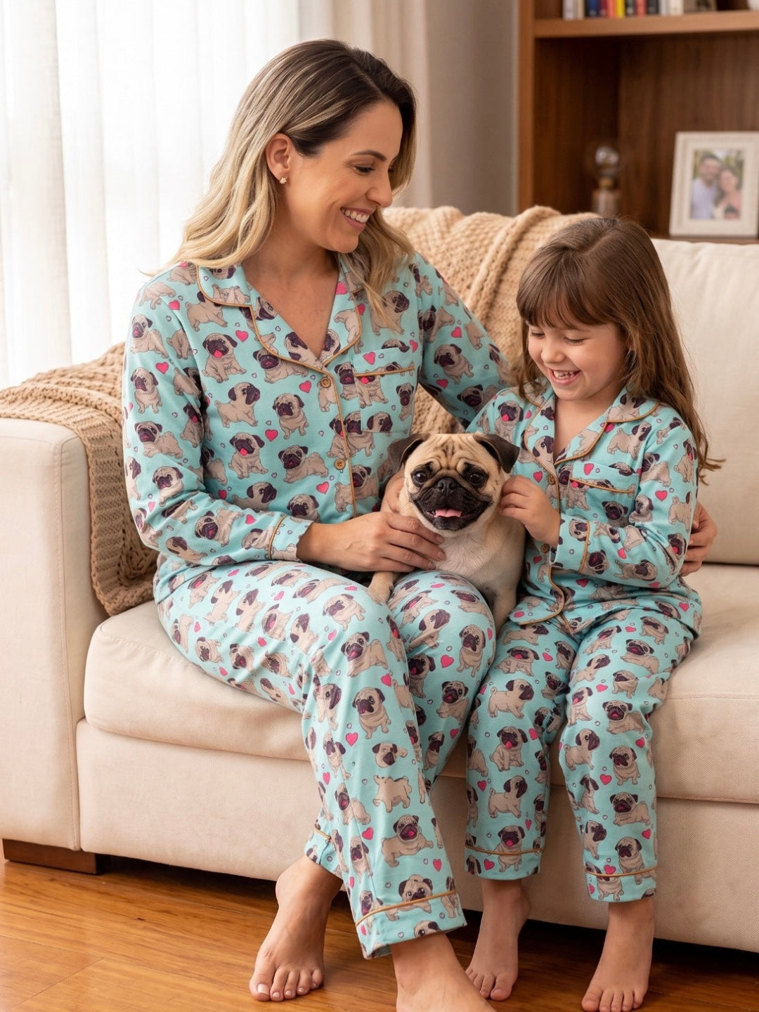 Snuggle Pug Cotton Rayon Mom & Kids Twinning Pj Set