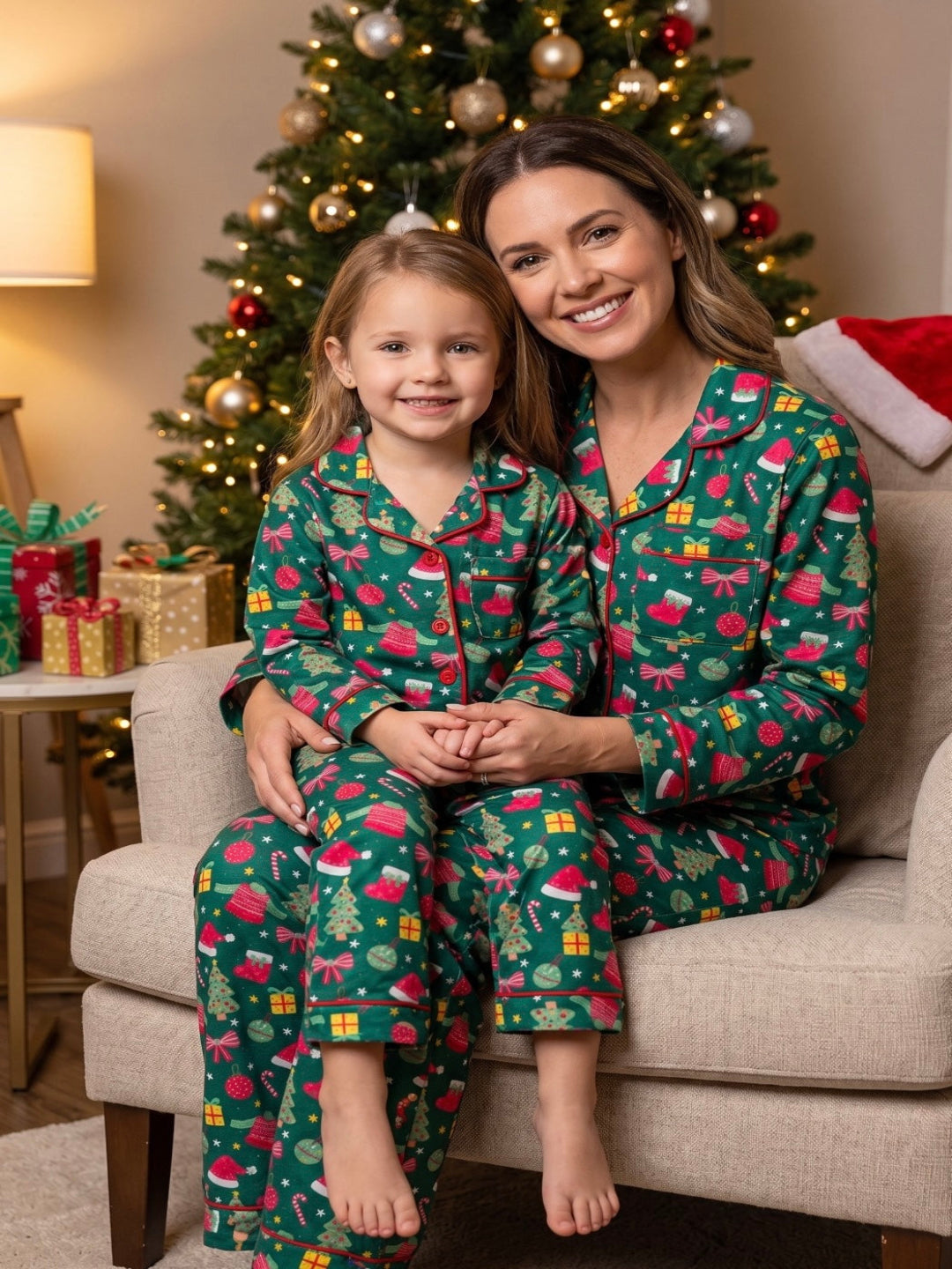 Merry Christmas Cotton Rayon Mom & Kids Twinning Pj Set