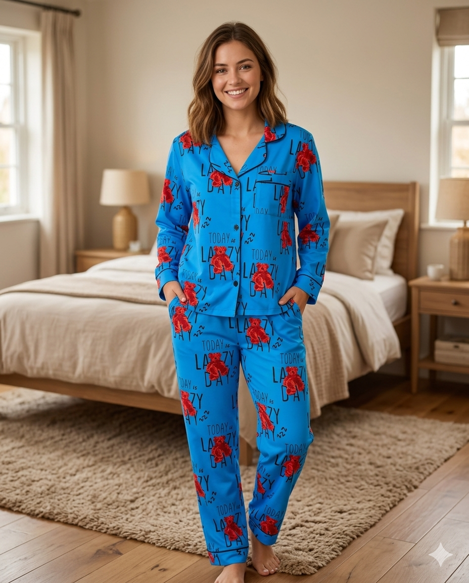 Lazy Day Button Down Pj Set - Cotton Rayon Pj Set with Notched Collar