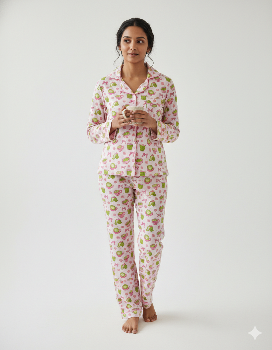 Matcha Button Down Pj Set - Cotton Rayon Pj Set with Notched Collar