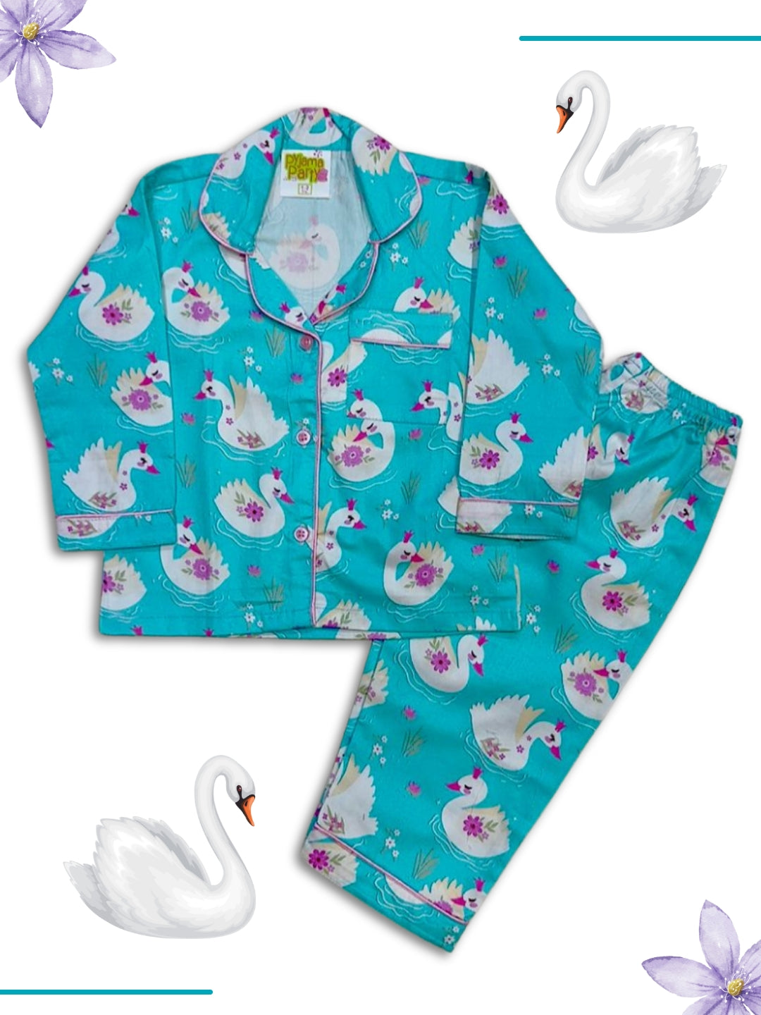 Swan Lake kids Button Down Pj Set - Pure Cotton Pj Set with Notched Collar