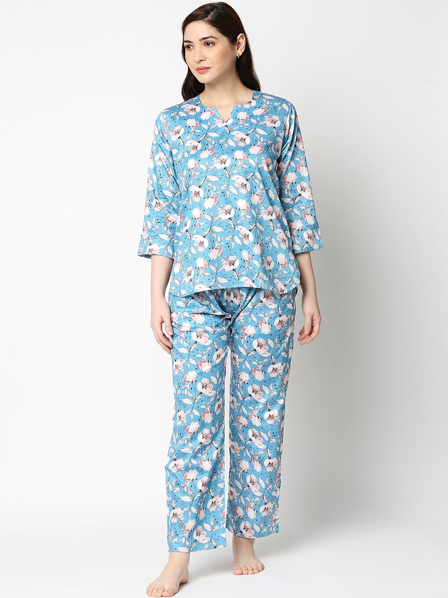 Blue Paradise Kurta Pj Set - Pure Cotton Pj Set in Kaftan Style
