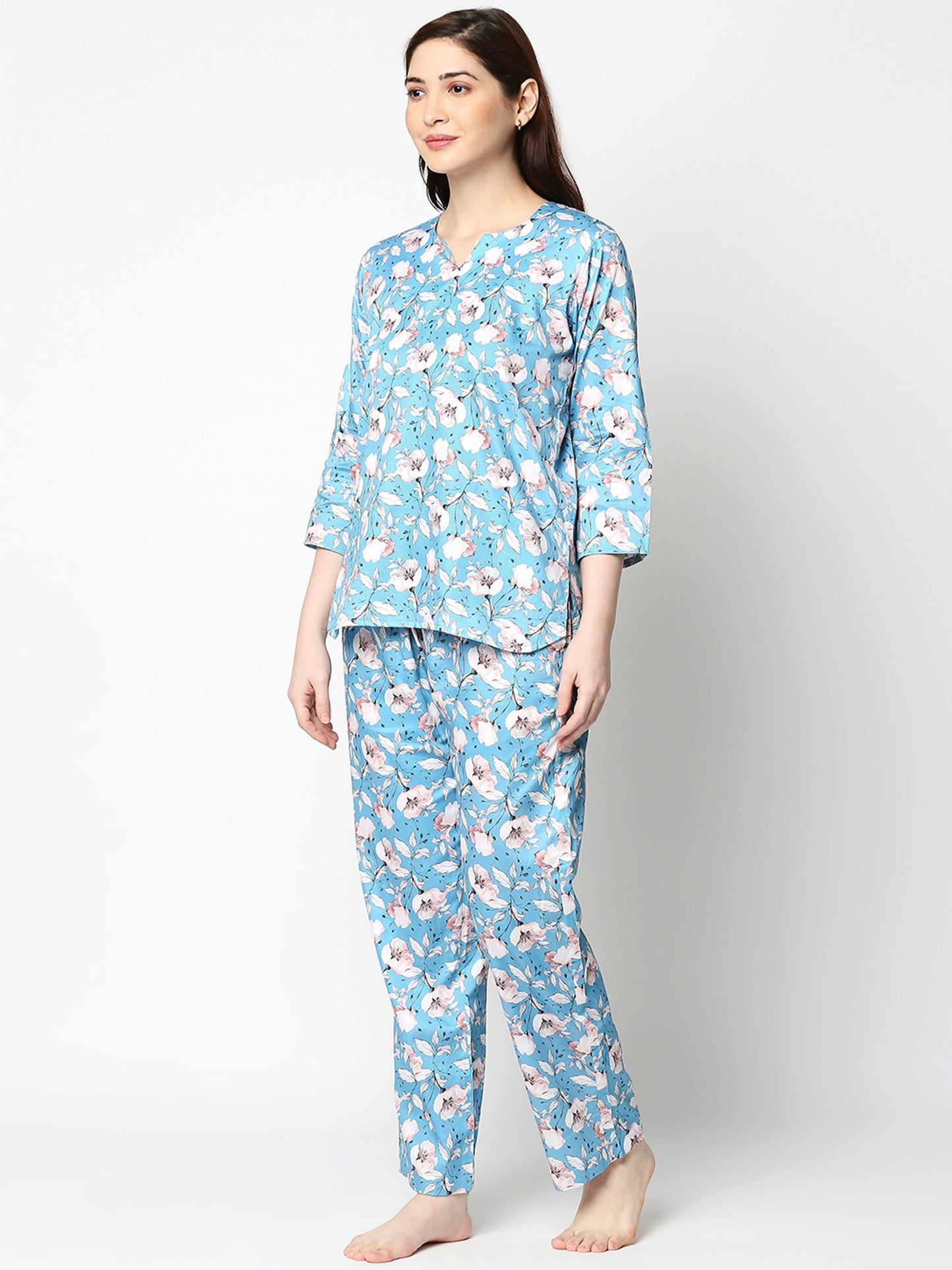 Blue Paradise Kurta Pj Set - Pure Cotton Pj Set in Kaftan Style