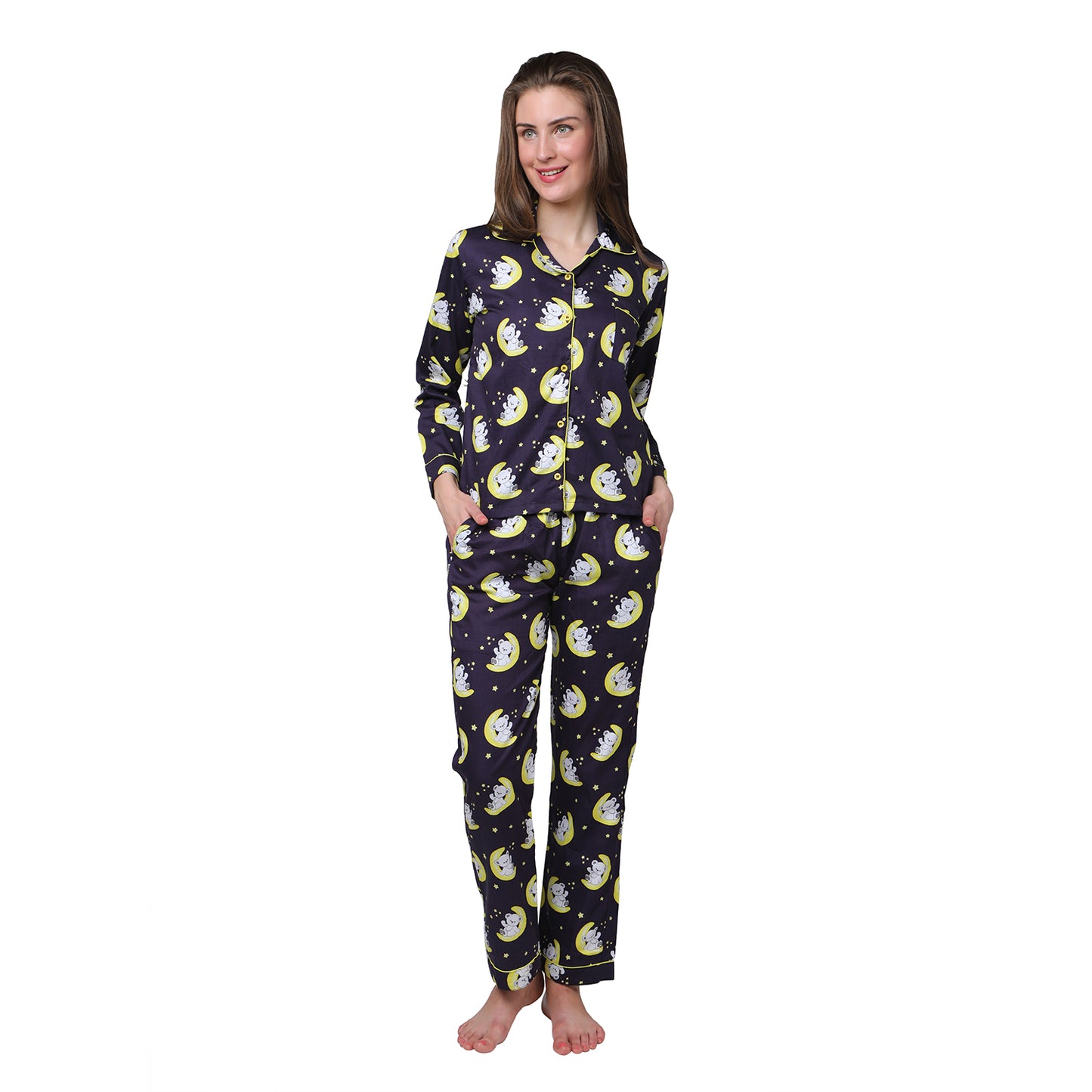 Sleeping Teddy Button Down Pj Set - Pure Cotton Pj Set with Notched Collar