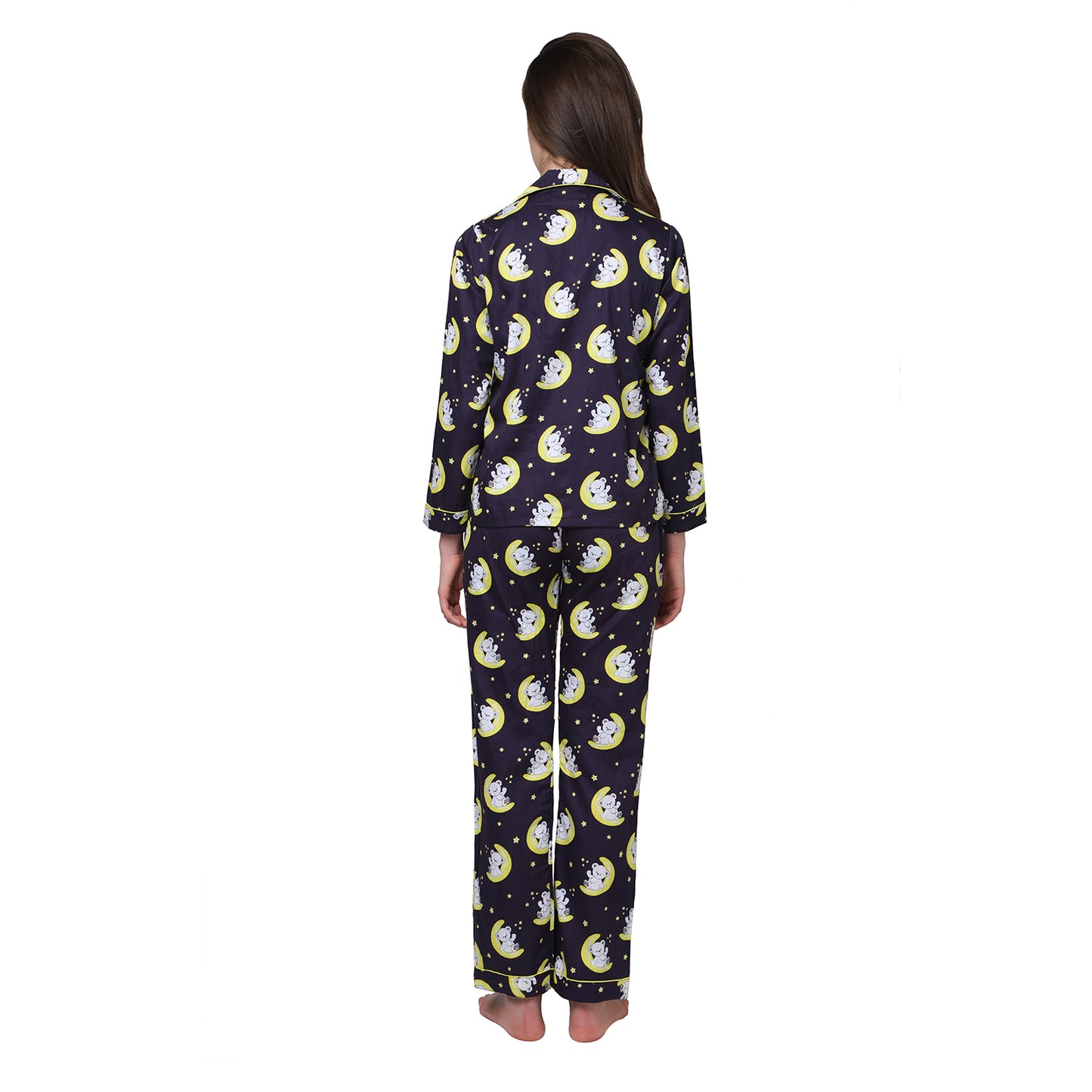 Sleeping Teddy Button Down Pj Set - Pure Cotton Pj Set with Notched Collar