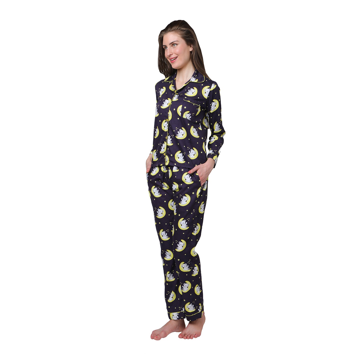Sleeping Teddy Button Down Pj Set - Pure Cotton Pj Set with Notched Collar