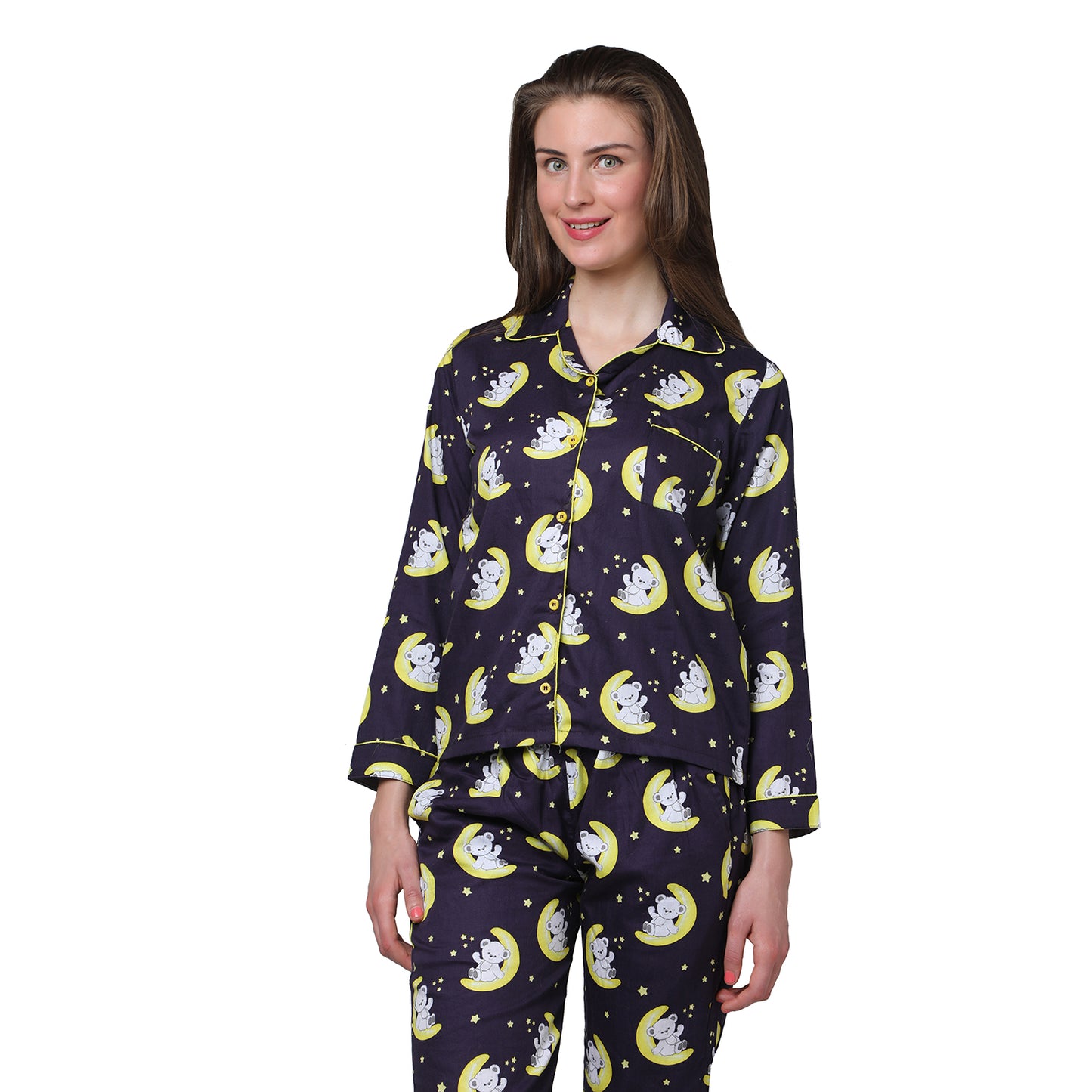 Sleeping Teddy Button Down Pj Set - Pure Cotton Pj Set with Notched Collar