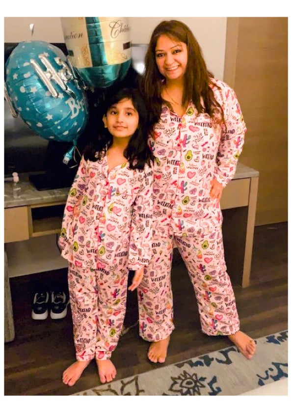 Pink Party Cotton Rayon Mom & Kids Twinning Pj Set