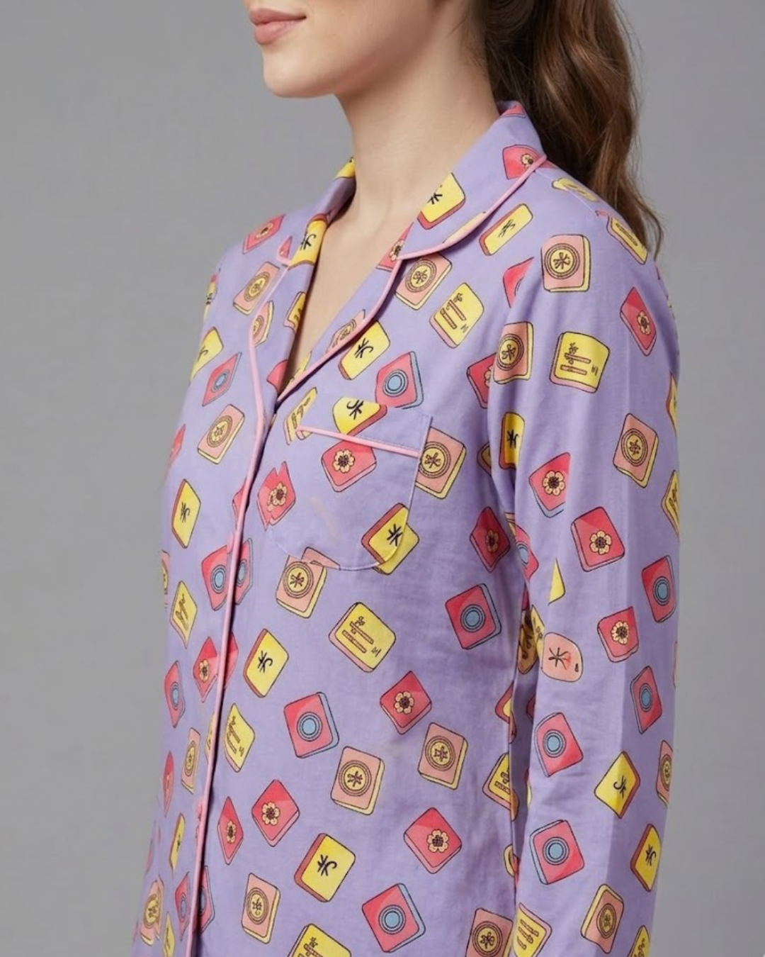 Mahjong Lilac Button Down Pj Set - Pure Cotton PJ Set with Notched Collar