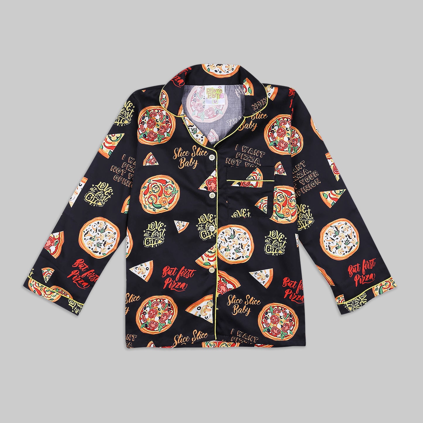 Pizza Forever Kids Button Down Pj Set - Pure Cotton Pj Set with Notched Collar