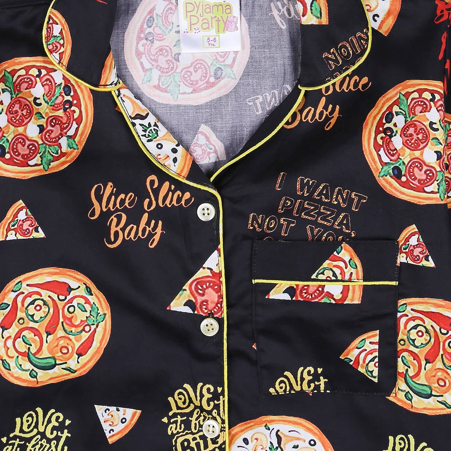 Pizza Forever Kids Button Down Pj Set - Pure Cotton Pj Set with Notched Collar
