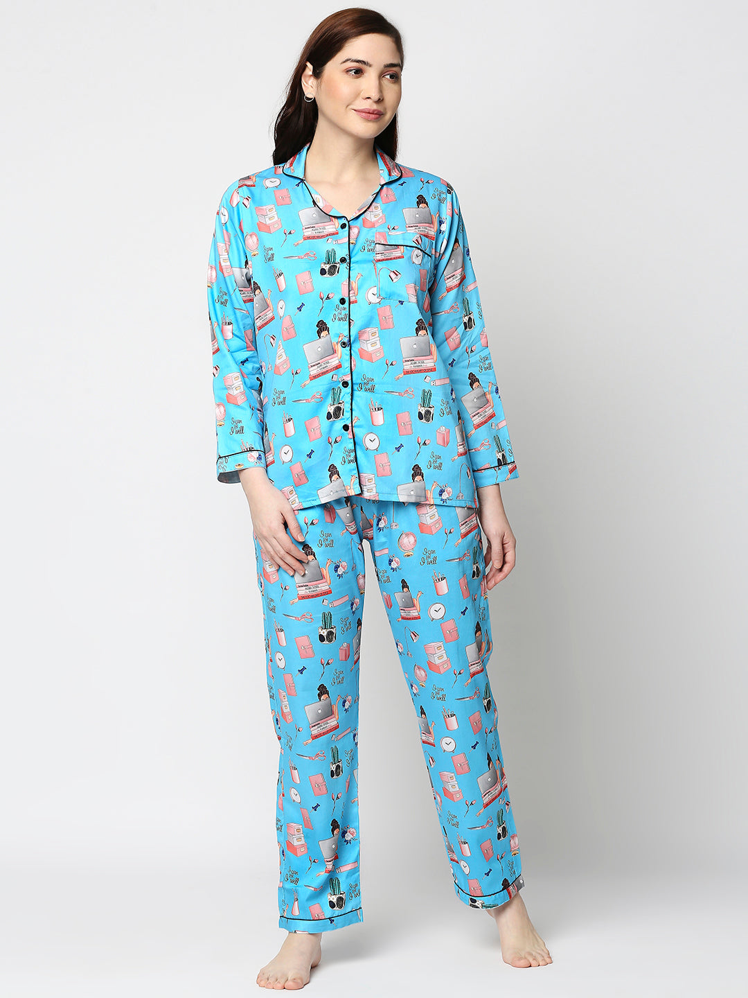 Work From Home Button Down Pj Set - Pure Cotton Pj Set with Notched Collar