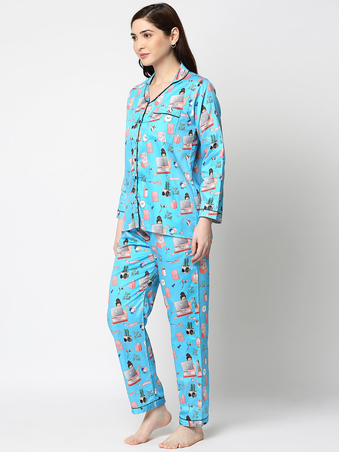 Work From Home Button Down Pj Set - Pure Cotton Pj Set with Notched Collar