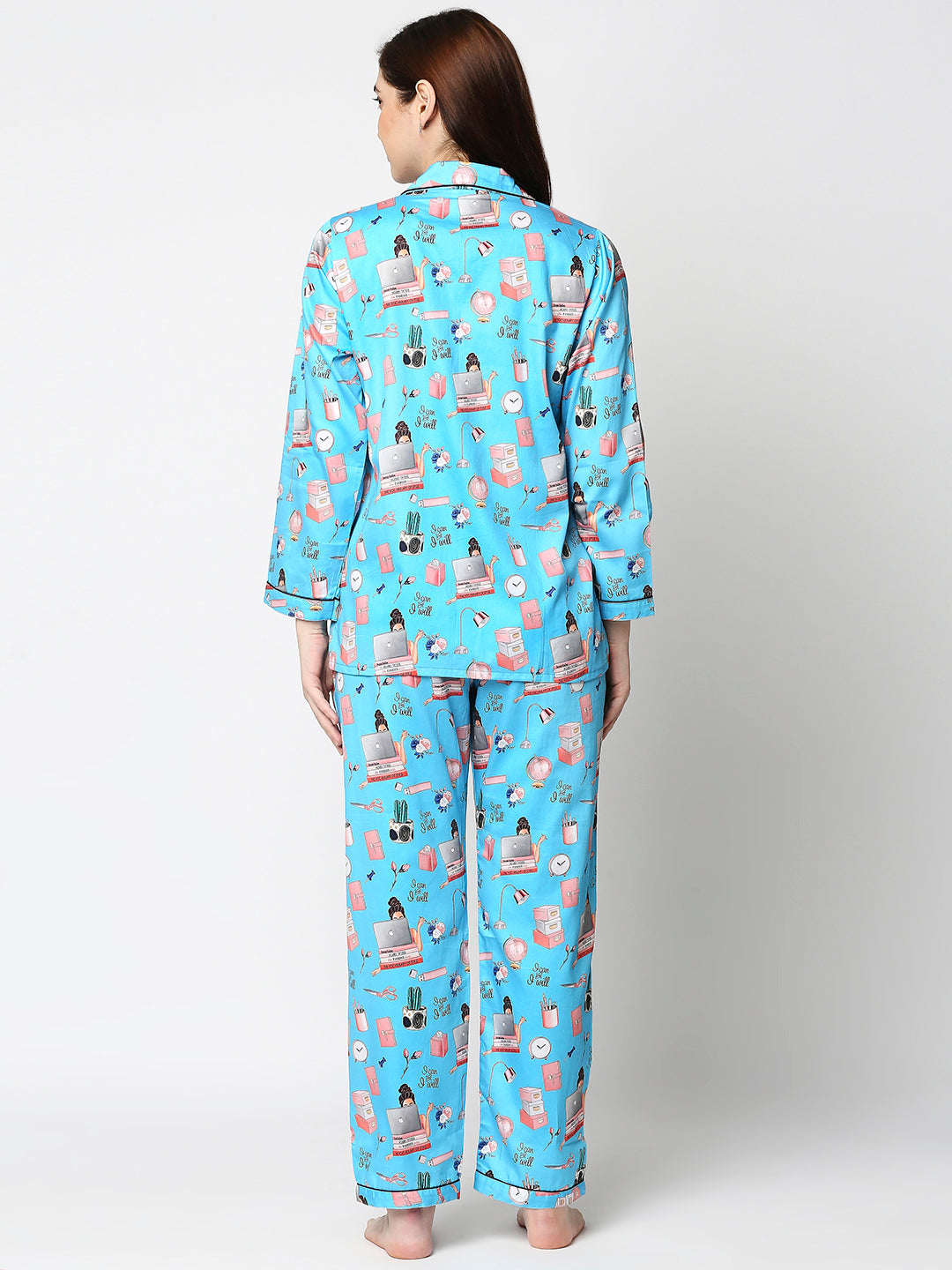 Work From Home Button Down Pj Set - Pure Cotton Pj Set with Notched Collar