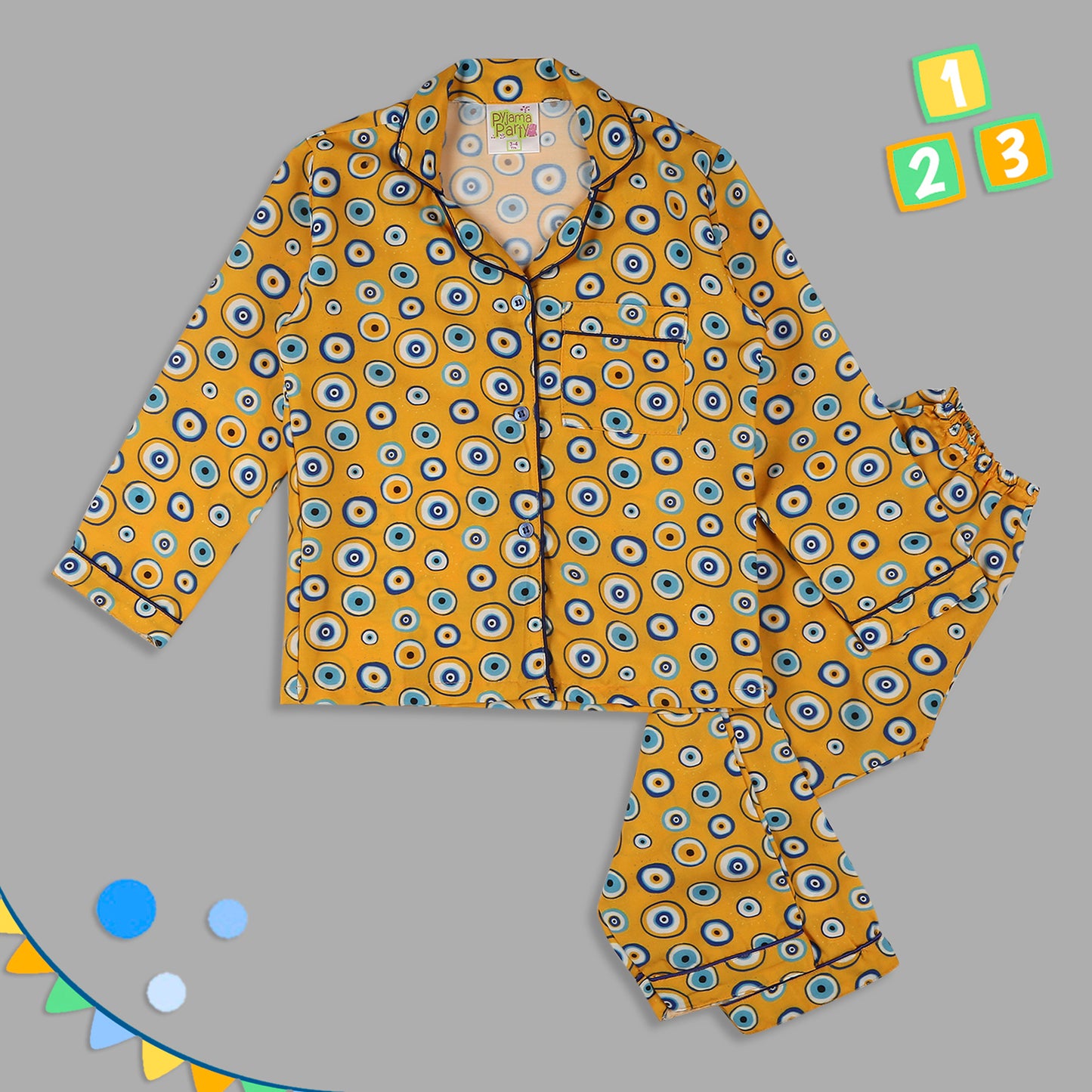 Evil Eye Cotton Rayon Kids Pj Set with Notched Collar