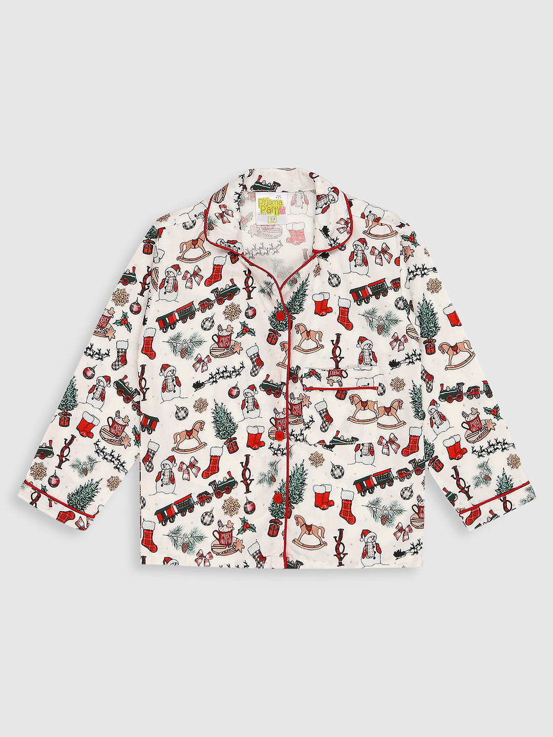 Season's Greetings Kids Button Down Pj Set - Pure Cotton Pj Set with Notched Collar