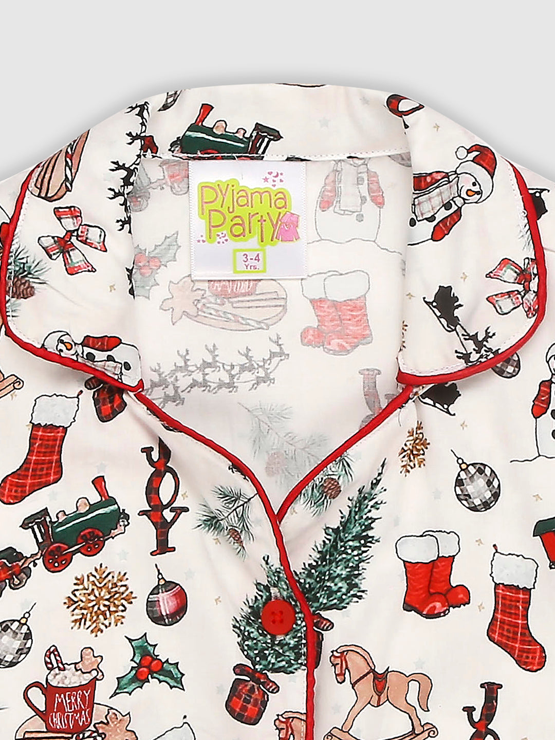 Season's Greetings Kids Button Down Pj Set - Pure Cotton Pj Set with Notched Collar