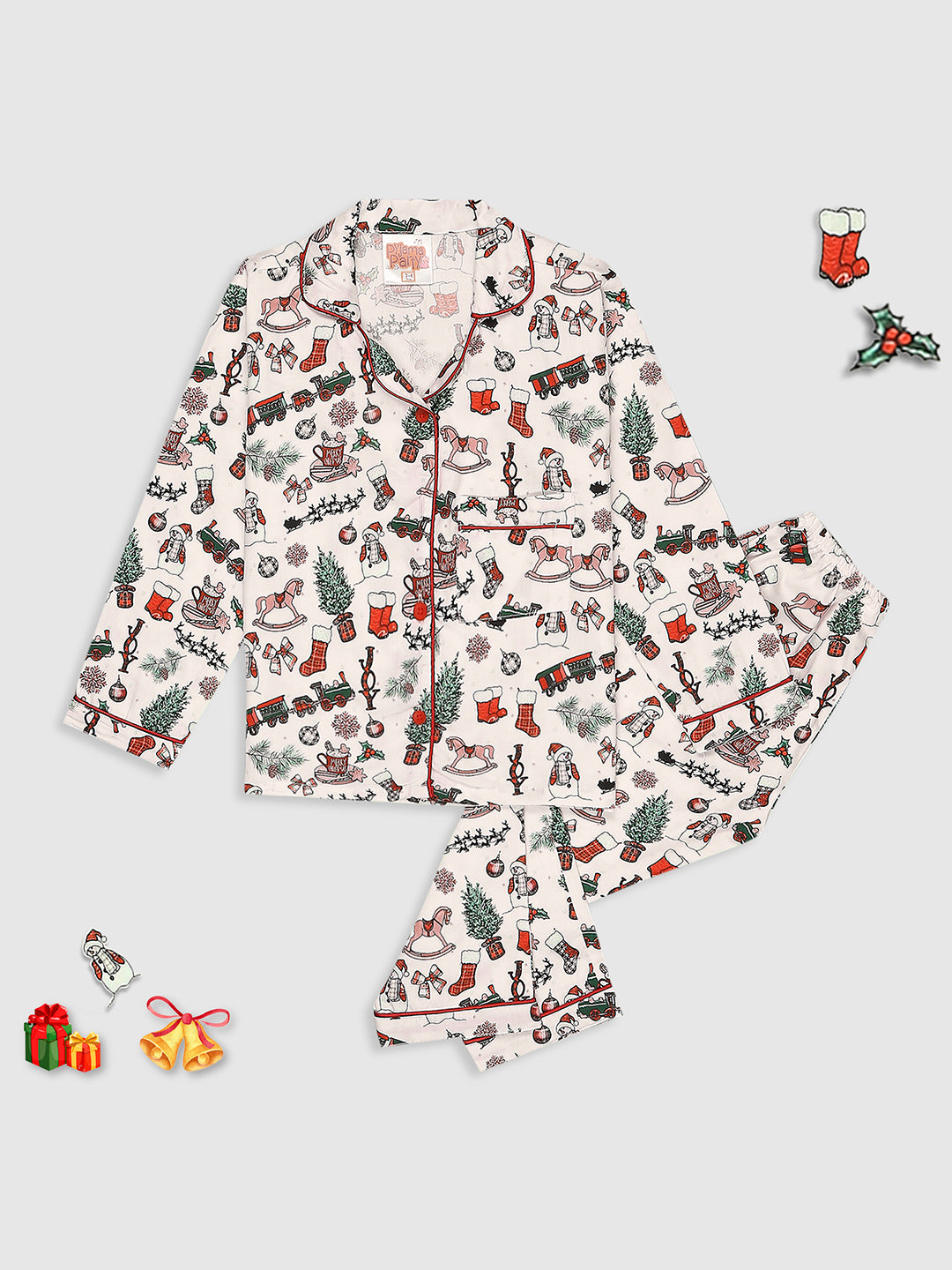 Season's Greetings Kids Button Down Pj Set - Pure Cotton Pj Set with Notched Collar