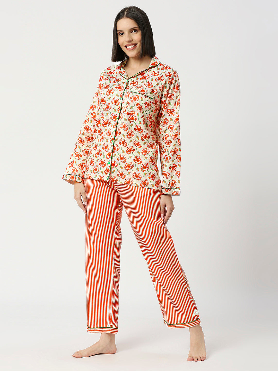Pretty Petals Button Down Pj Set - Pure Cotton Pj Set with Notched Collar