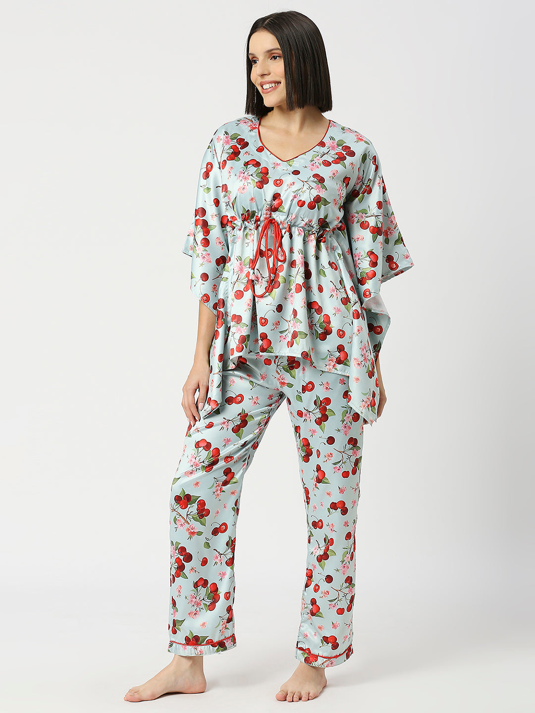 Cherry Blossom Satin Kaftan Pj Set - Luxury Printed Kaftan Pj Set