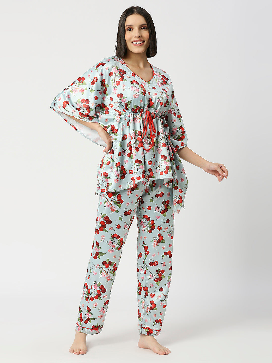 Cherry Blossom Satin Kaftan Pj Set - Luxury Printed Kaftan Pj Set