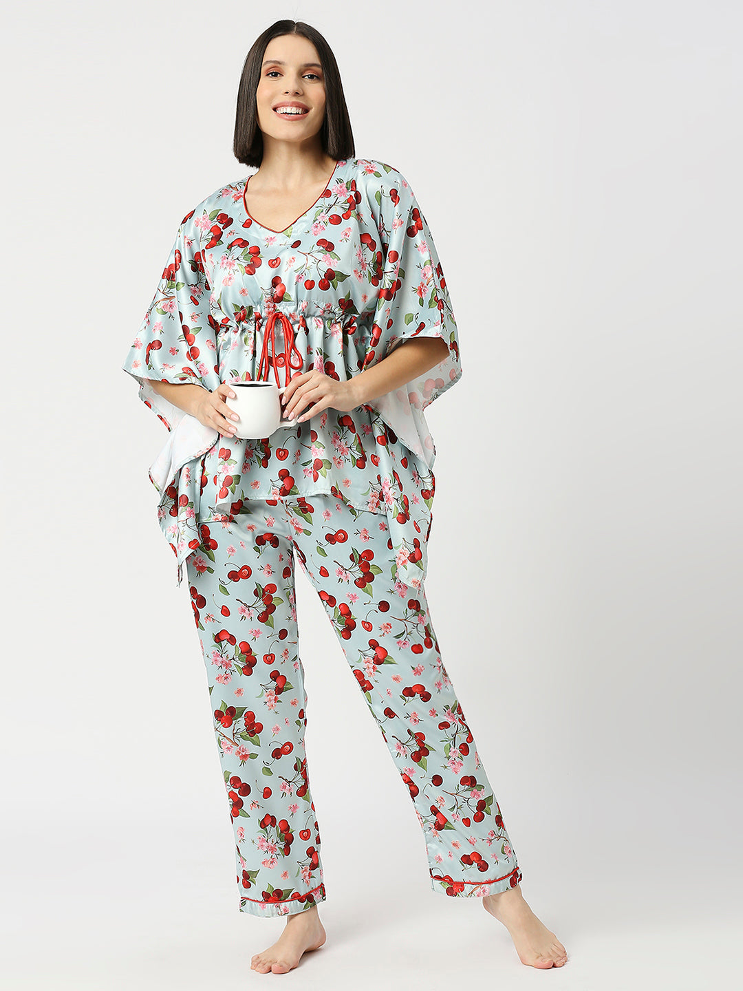 Cherry Blossom Satin Kaftan Pj Set - Luxury Printed Kaftan Pj Set