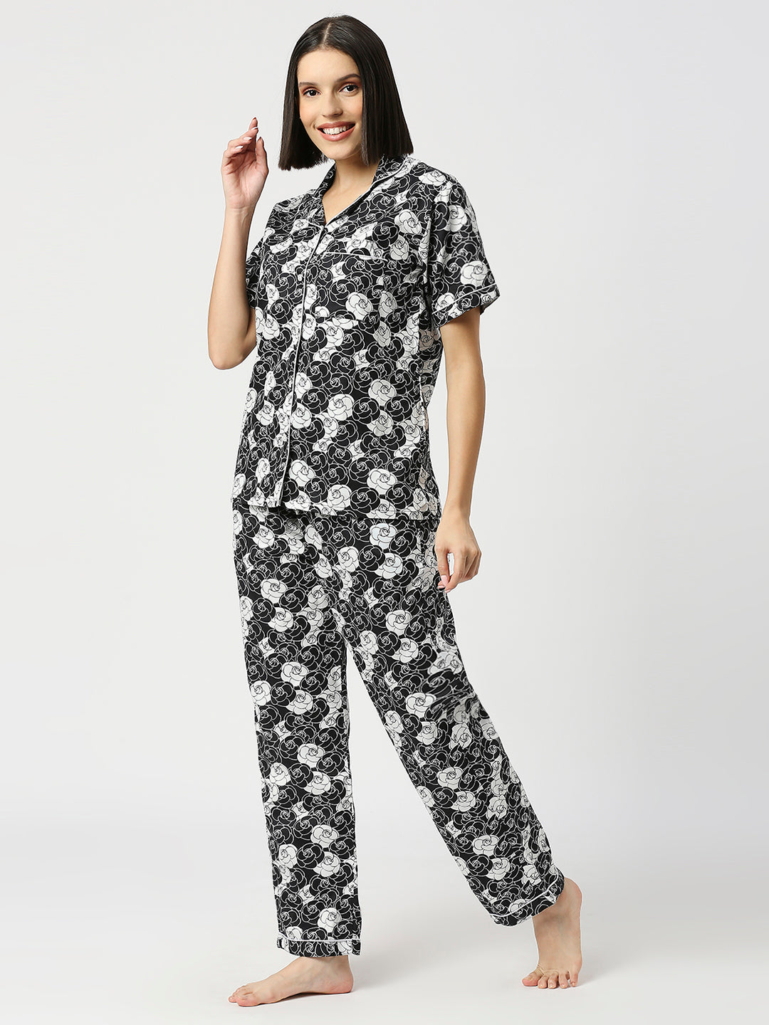 Chanel Rose Button Down Pj Set - Pure Cotton Pj Set with Notched Collar