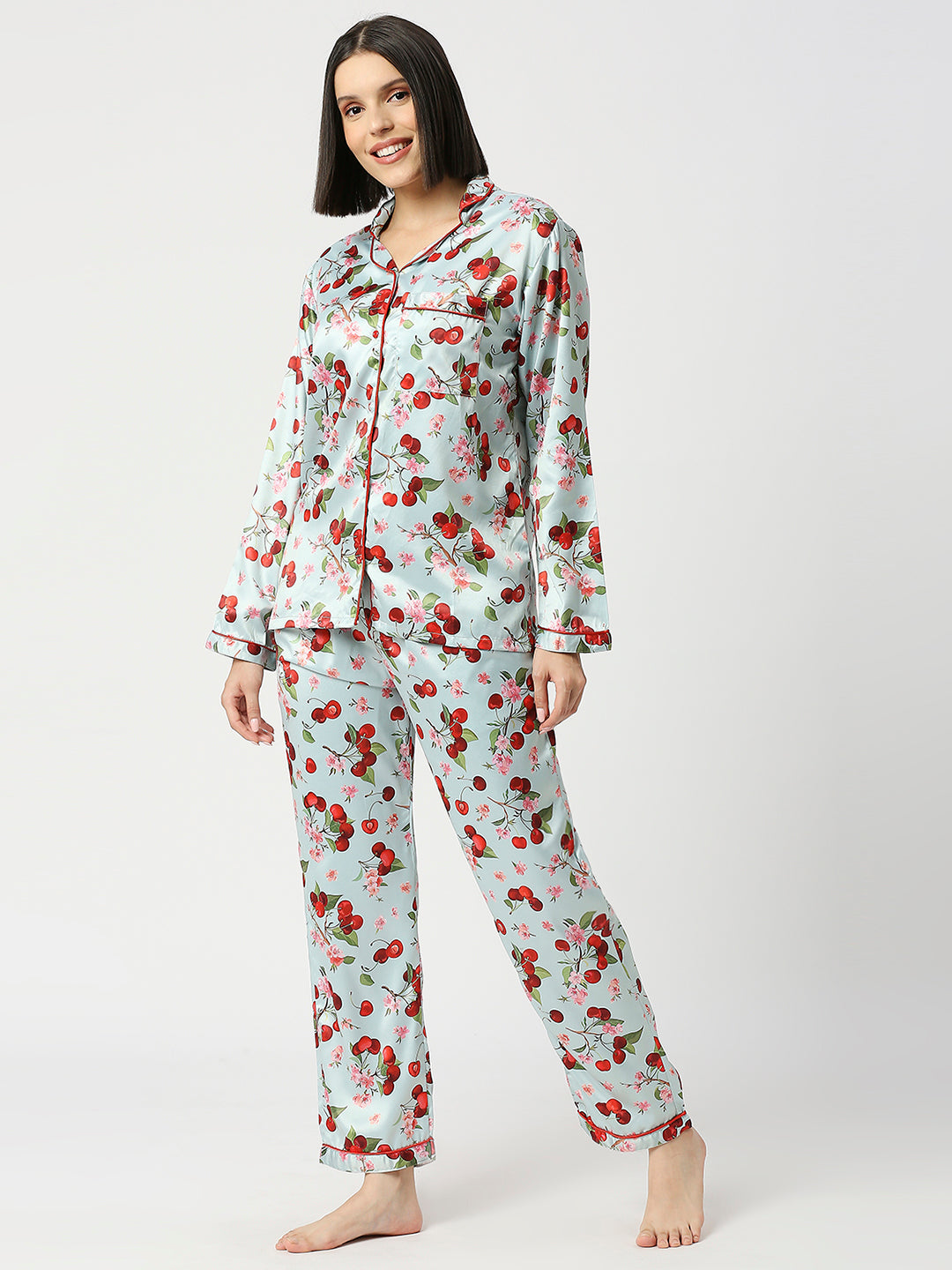 Cherry Blossom Satin Pj Set - Luxury Printed Button Down Pj Set