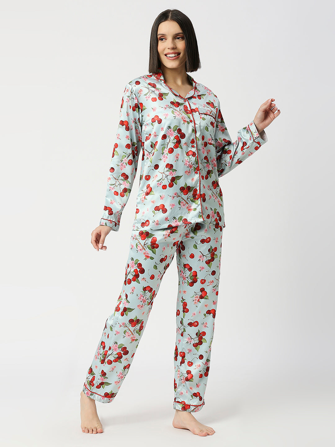Cherry Blossom Satin Pj Set - Luxury Printed Button Down Pj Set