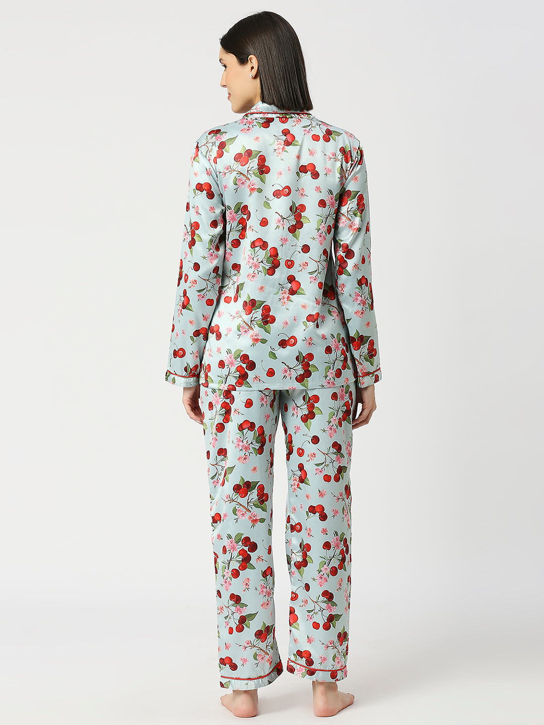 Cherry Blossom Satin Pj Set - Luxury Printed Button Down Pj Set