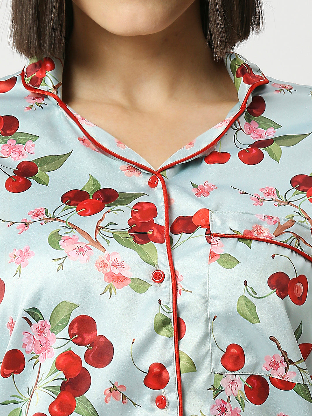 Cherry Blossom Satin Pj Set - Luxury Printed Button Down Pj Set