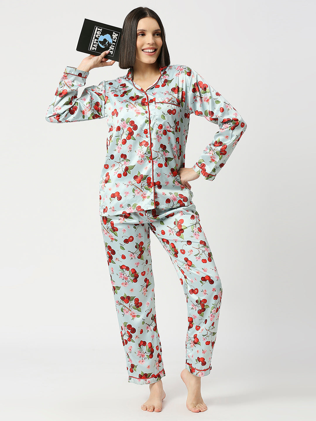 Cherry Blossom Satin Pj Set - Luxury Printed Button Down Pj Set