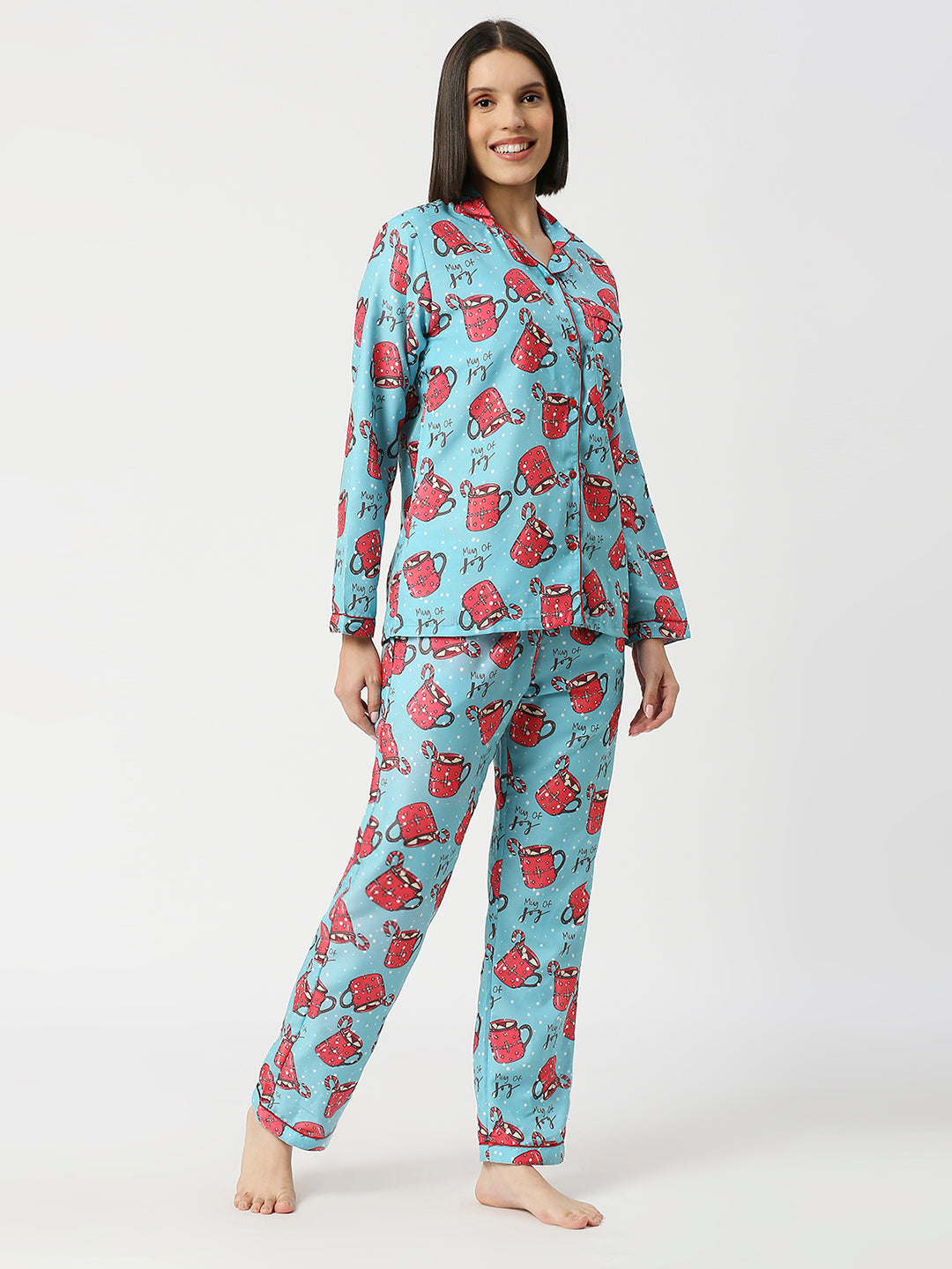 Cuppa Joy Button Down Pj Set - Cotton Rayon Pj Set with Notched Collar