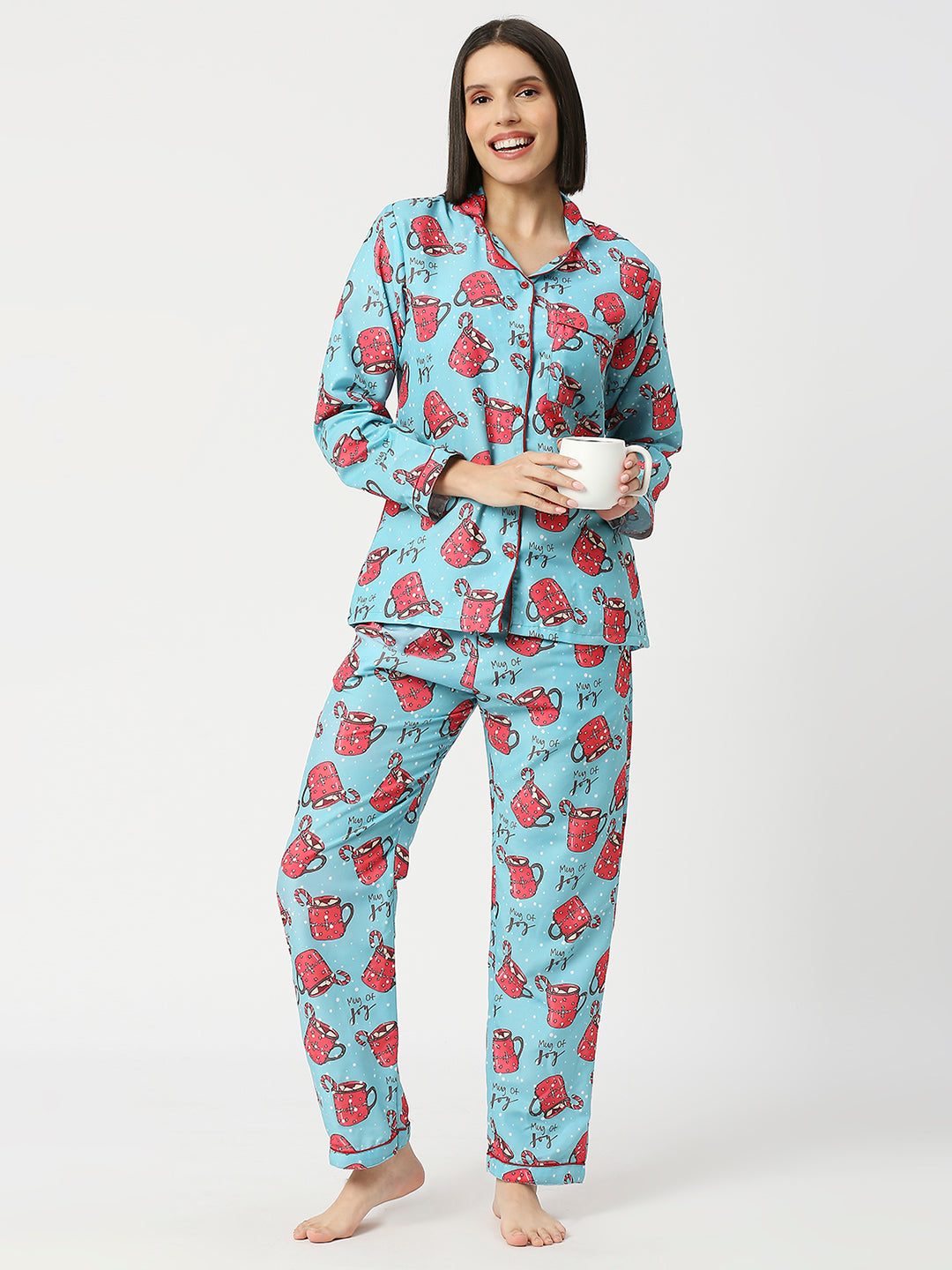Cuppa Joy Button Down Pj Set - Cotton Rayon Pj Set with Notched Collar