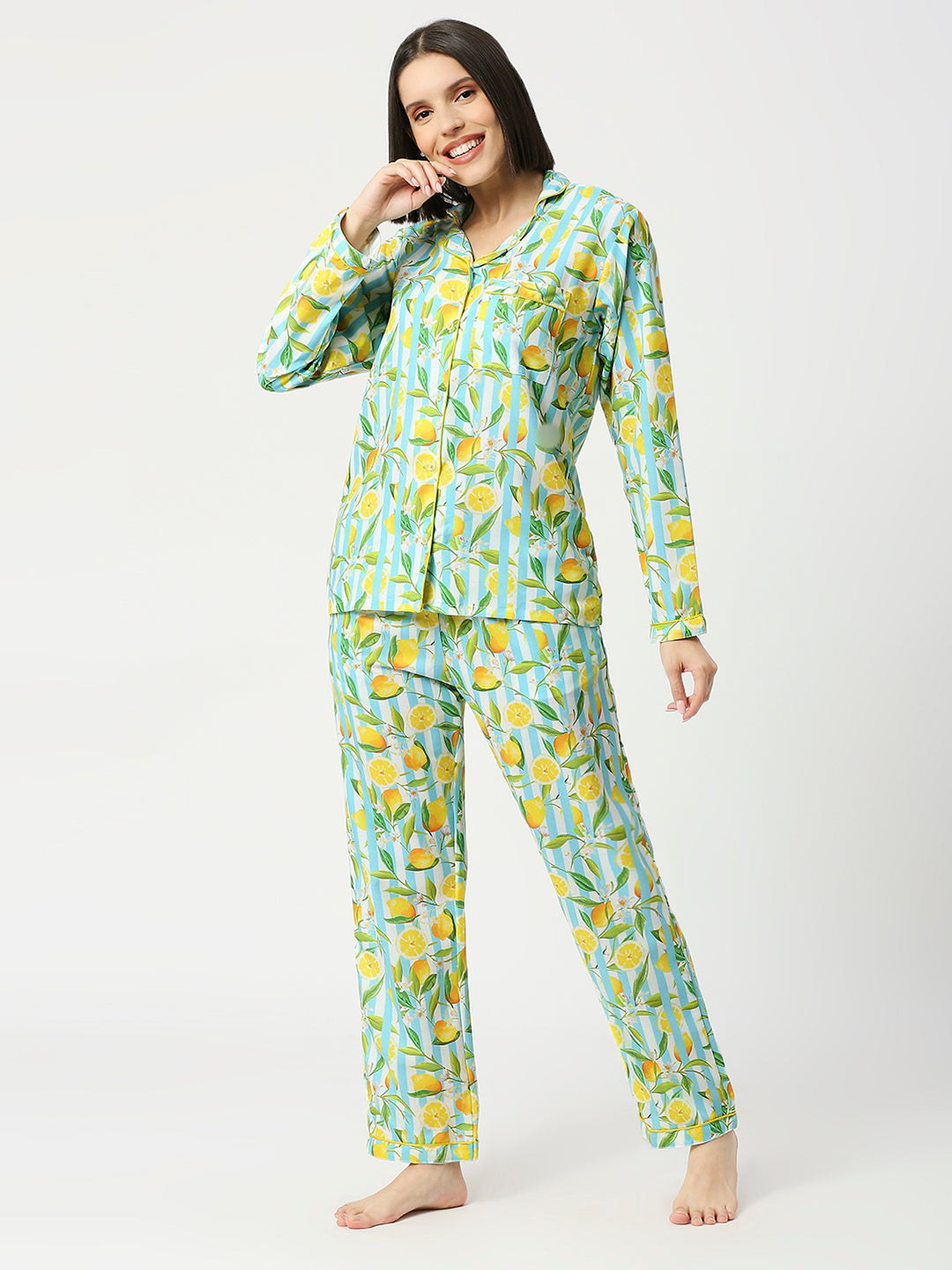 Blue Lemonade Button Down Pj Set - Cotton Rayon Pj Set with Notched Collar